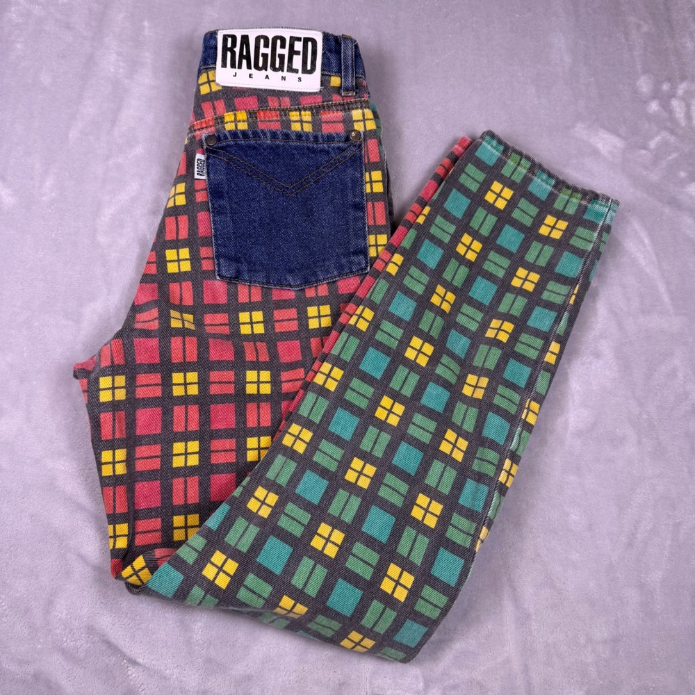 Ragged Jeans Womens 24 Split Leg Plaid High Rise‎ Straight Denim Multicolor Mom
